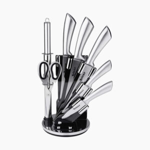 Velaze 8 Pcs Stainless Steel Kitchen Knife Sets with Sharpener and Spinning Block - Silver