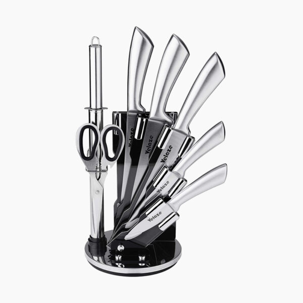 Velaze 8 Pcs Stainless Steel Kitchen Knife Sets with Sharpener and Spinning Block - Silver