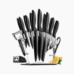 17 Pieces Kitchen Knives Set, 13 Stainless Steel Knives + Acrylic Stand, Scissors, Peeler and Knife Sharpener