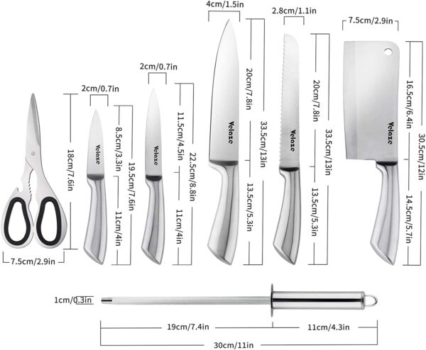 Velaze 8 Pcs Stainless Steel Kitchen Knife Sets with Sharpener and Spinning Block - Silver - Image 2