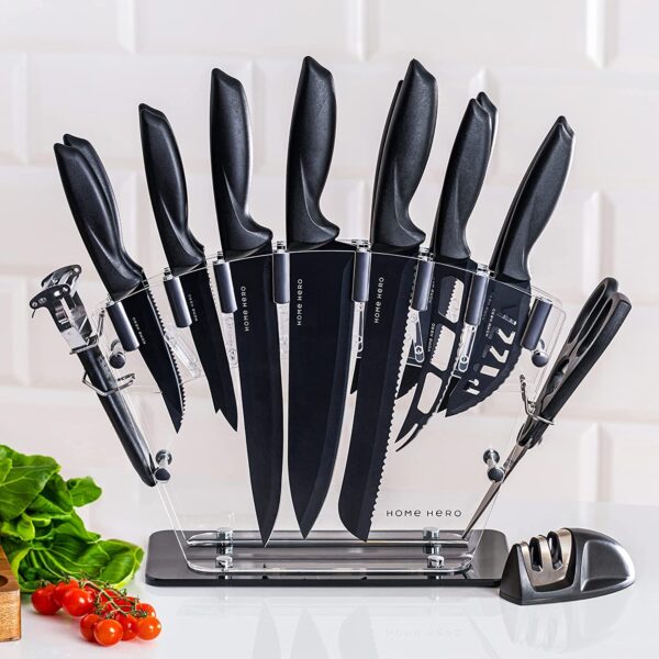 17 Pieces Kitchen Knives Set, 13 Stainless Steel Knives + Acrylic Stand, Scissors, Peeler and Knife Sharpener - Image 2
