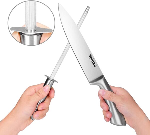 Velaze 8 Pcs Stainless Steel Kitchen Knife Sets with Sharpener and Spinning Block - Silver - Image 4