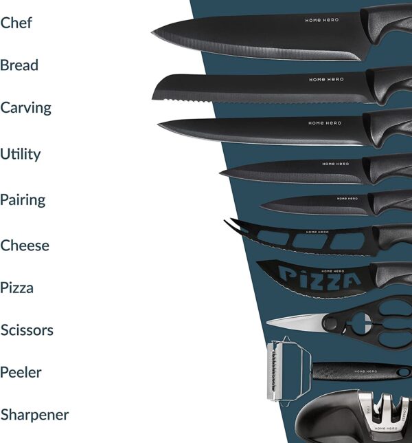 17 Pieces Kitchen Knives Set, 13 Stainless Steel Knives + Acrylic Stand, Scissors, Peeler and Knife Sharpener - Image 5