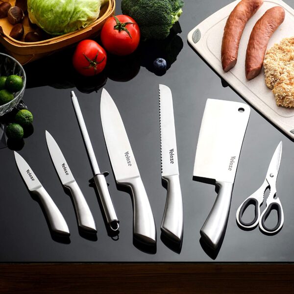 Velaze 8 Pcs Stainless Steel Kitchen Knife Sets with Sharpener and Spinning Block - Silver - Image 6