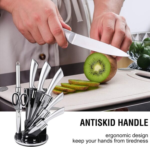 Velaze 8 Pcs Stainless Steel Kitchen Knife Sets with Sharpener and Spinning Block - Silver - Image 7